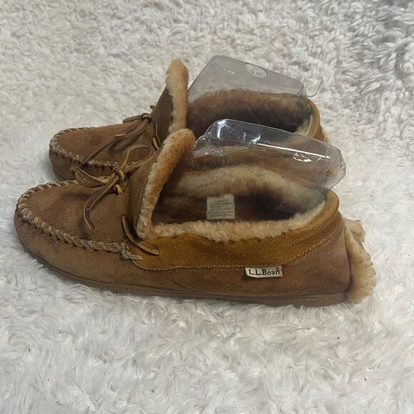 LLBean Men’s leather Suede tan Moccasin Slippers shearling lining SZ10M - Picture 4 of 11